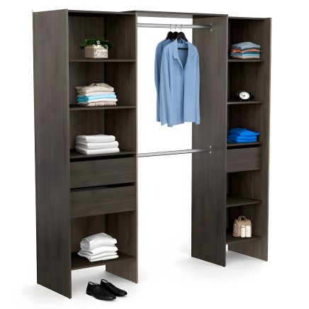 Armario abierto gris oscuro con estantes y barra de colgar ropa y cajones interiores lleno de prendas y accesorios
