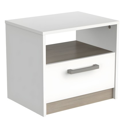 Mesita de noche blanca con estante abierto y cajón frontal en color gris y base en madera clara