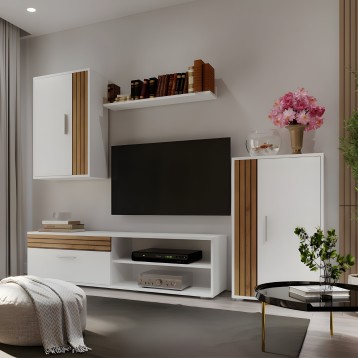 Mueble TV blanco con detalles en madera y estantes abiertos en ambiente de salón moderno