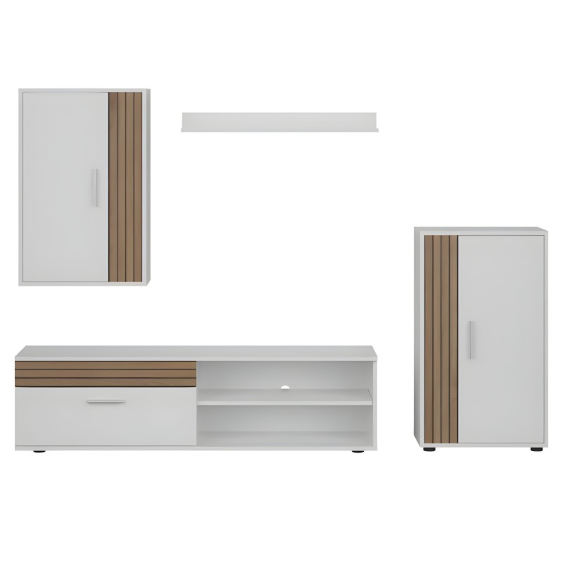 Conjunto de muebles modulares con armario blanco y detalles en madera y mueble TV con estantes abiertos