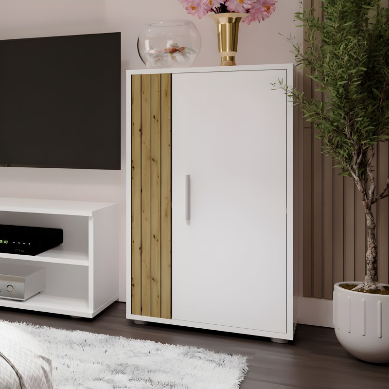 Armario blanco y madera con puerta corredera y paneles laterales en ambiente de salón