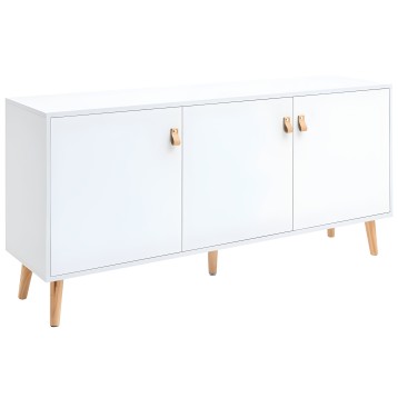Aparador blanco con tres puertas y patas de madera natural con tiradores de madera