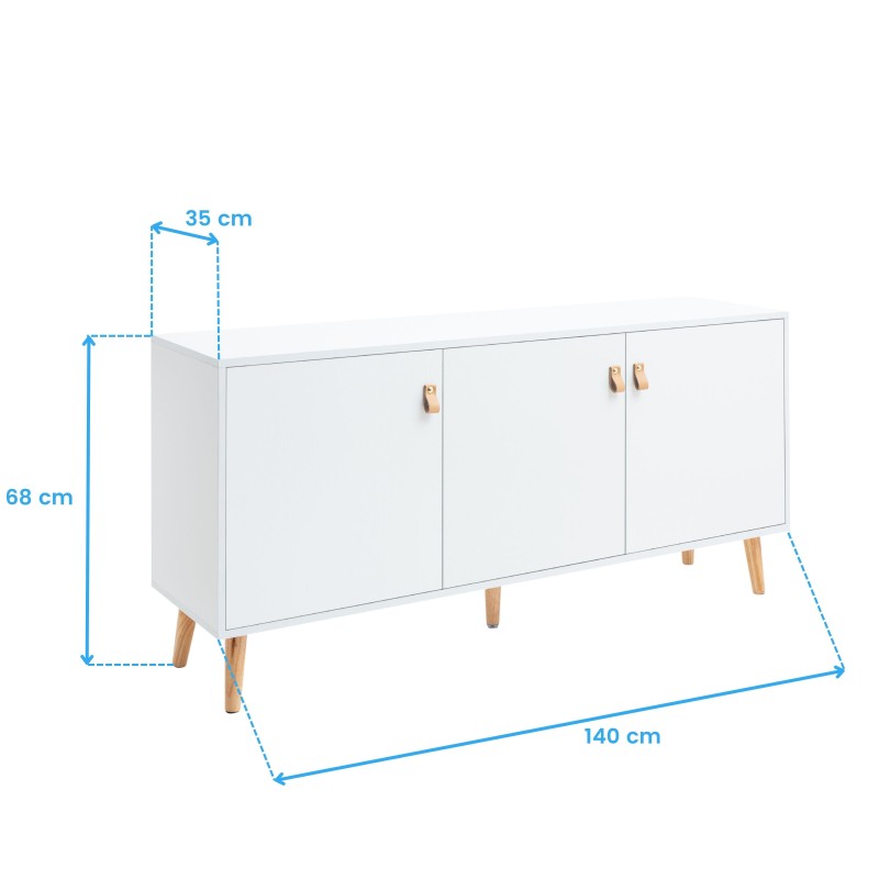 Aparador blanco con tres puertas y tiradores de madera sobre patas de madera clara vista en perspectiva con medidas