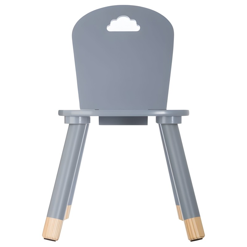 Silla infantil gris con respaldo nube y patas de madera natural vista frontal