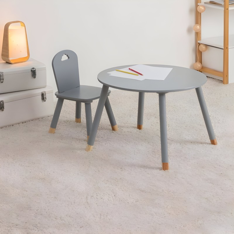Conjunto infantil mesa redonda gris y silla con patas de madera y detalles en tono natural