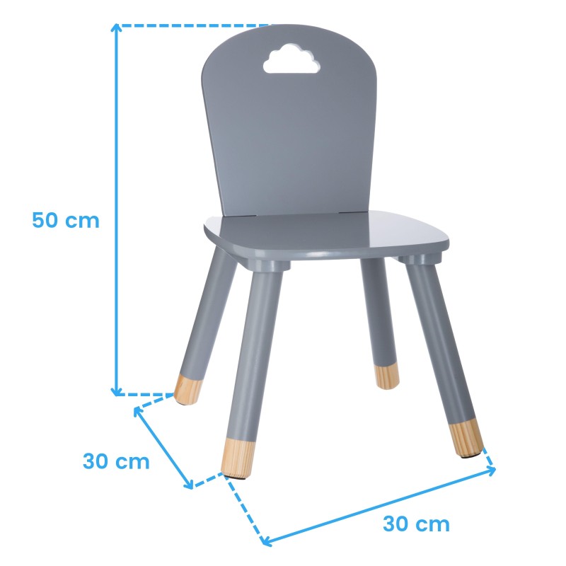Silla infantil gris con respaldo redondeado y patas de madera con detalle de nube blanca