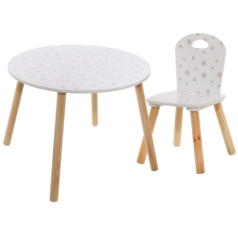 Conjunto infantil mesa redonda blanca con estrellas y silla a juego con patas de madera natural