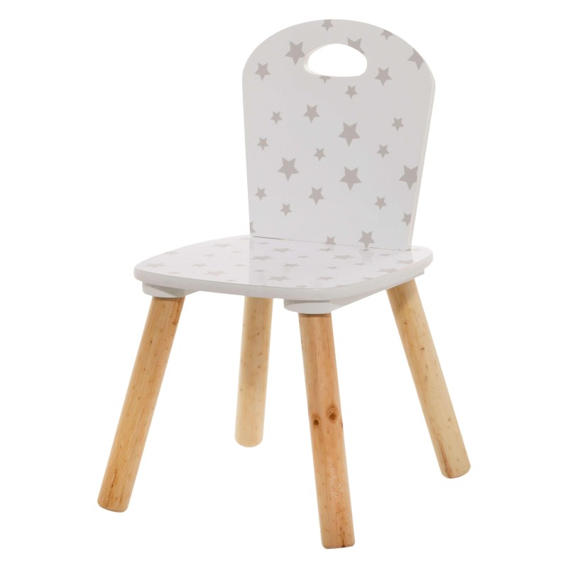Silla infantil blanca con estampado de estrellas grises y patas de madera natural
