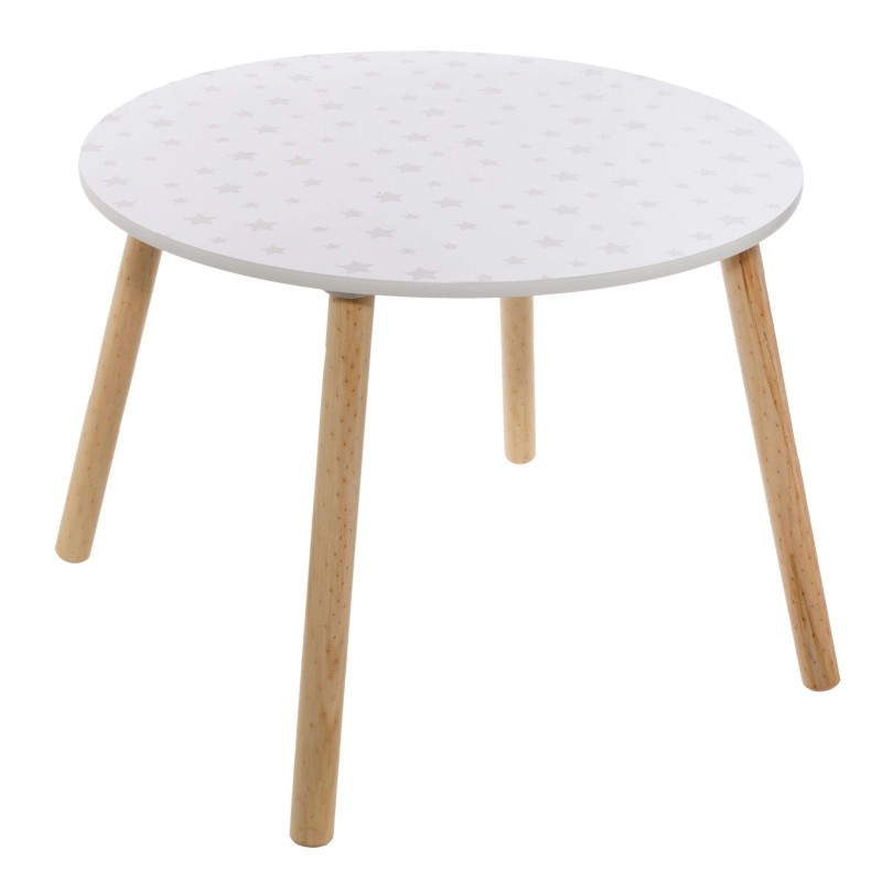 Mesa redonda infantil con tapa blanca estampada y patas de madera natural