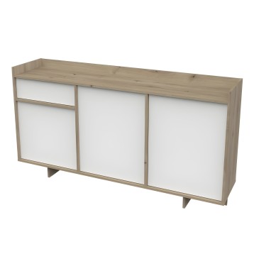 Aparador de madera clara y frentes blancos con tres puertas correderas y tablero superior