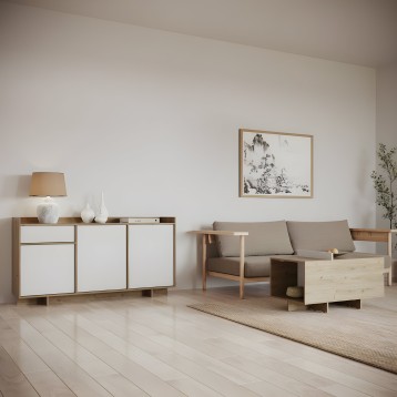 Aparador de madera en salón minimalista con muebles de madera clara