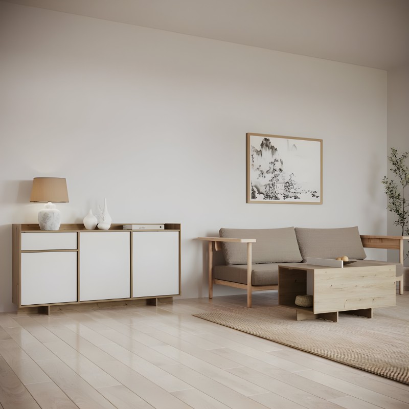 Aparador de madera en salón minimalista con muebles de madera clara