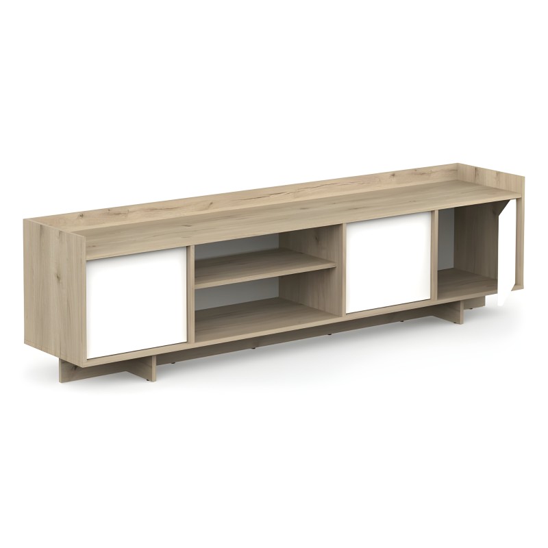 Mueble TV bajo en madera clara con puertas correderas blancas y estantes abiertos interiores
