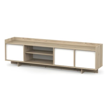Mueble TV madera clara con puertas blancas y estantes abiertos centrales