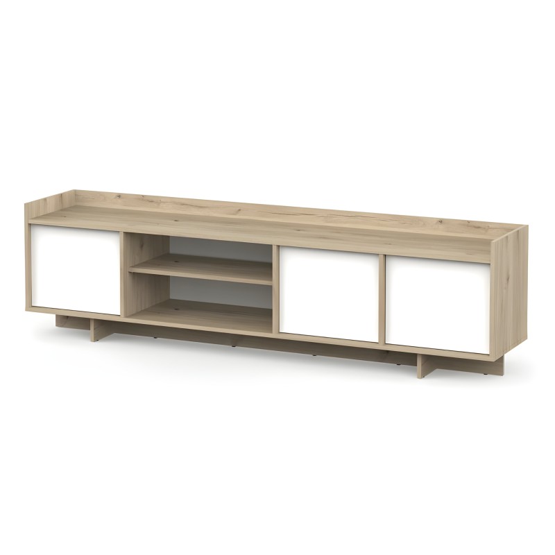 Mueble TV madera clara con puertas blancas y estantes abiertos centrales