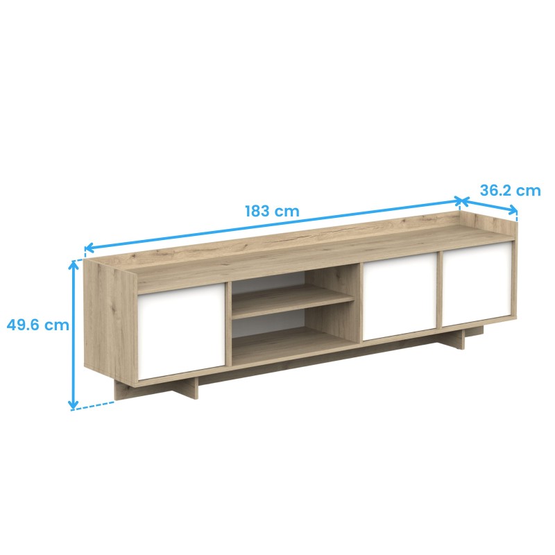 Mueble televisor bajo en madera clara con puertas blancas correderas y estantes interiores abiertos