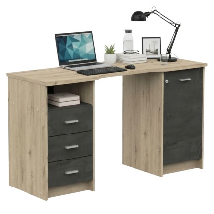 Escritorio doble con tablero color madera natural y módulos laterales con cajones grises y puerta para espacio de trabajo