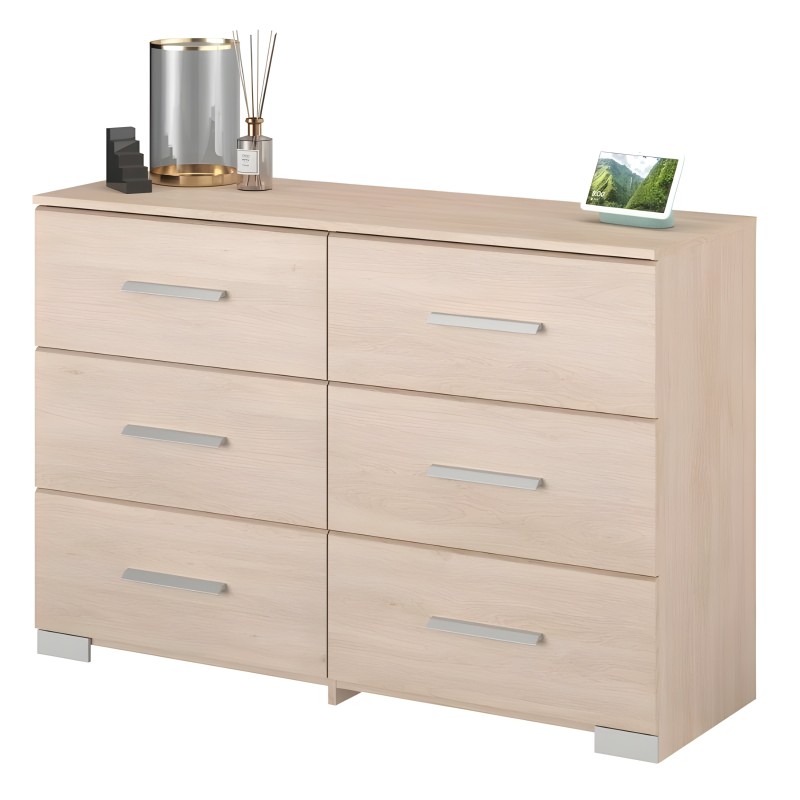 Cómoda de madera clara con seis cajones y tirador plateado estilo contemporáneo