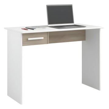 Escritorio blanco y madera con dos cajones y superficie de trabajo para computadora y documentos