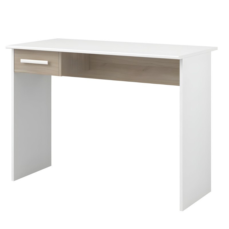 Escritorio blanco con cajón y hueco de madera natural frontal y encimera blanca
