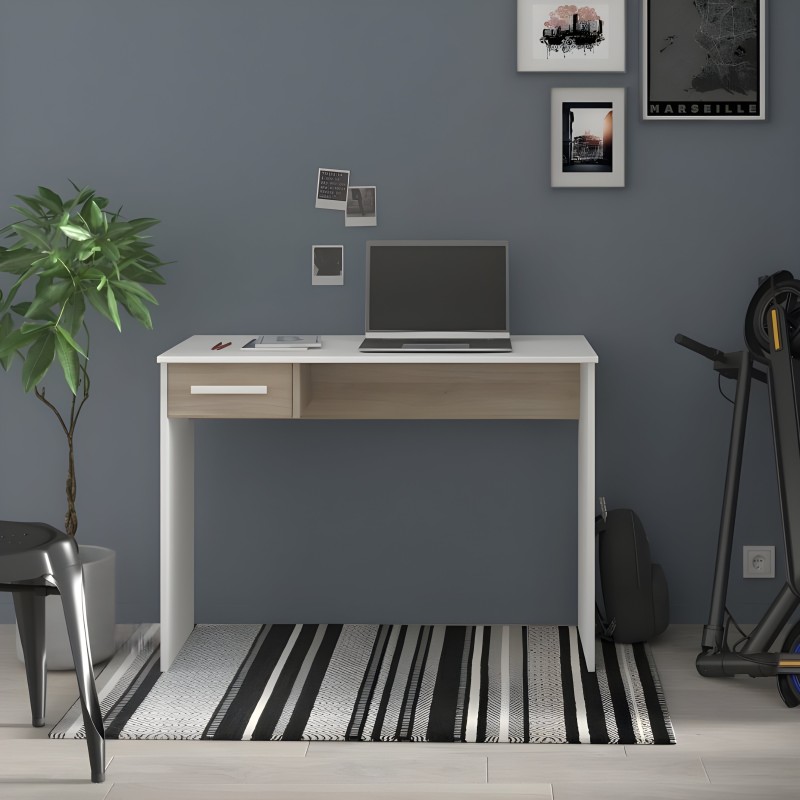 Escritorio blanco y madera con cajón y hueco abierto en ambiente de oficina moderna