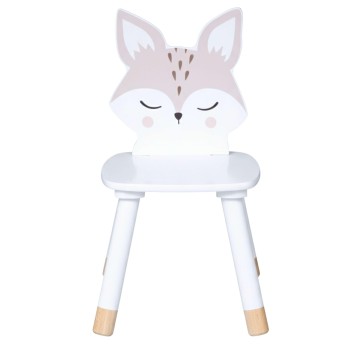 Silla infantil con respaldo en forma de zorro rosa y blanco y patas de madera natural