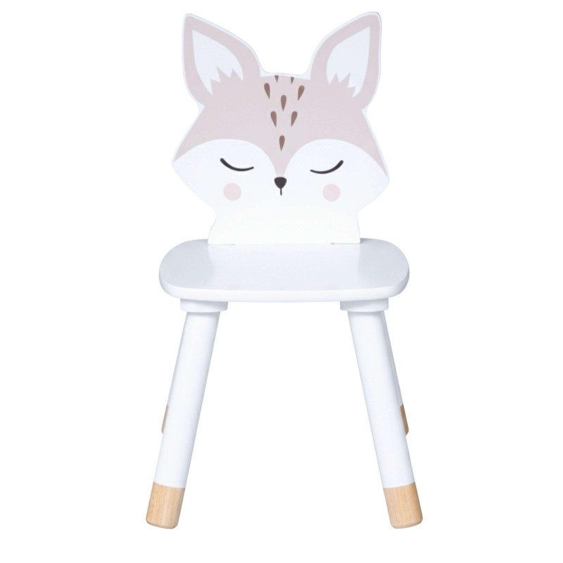 Silla infantil con respaldo en forma de zorro rosa y blanco y patas de madera natural