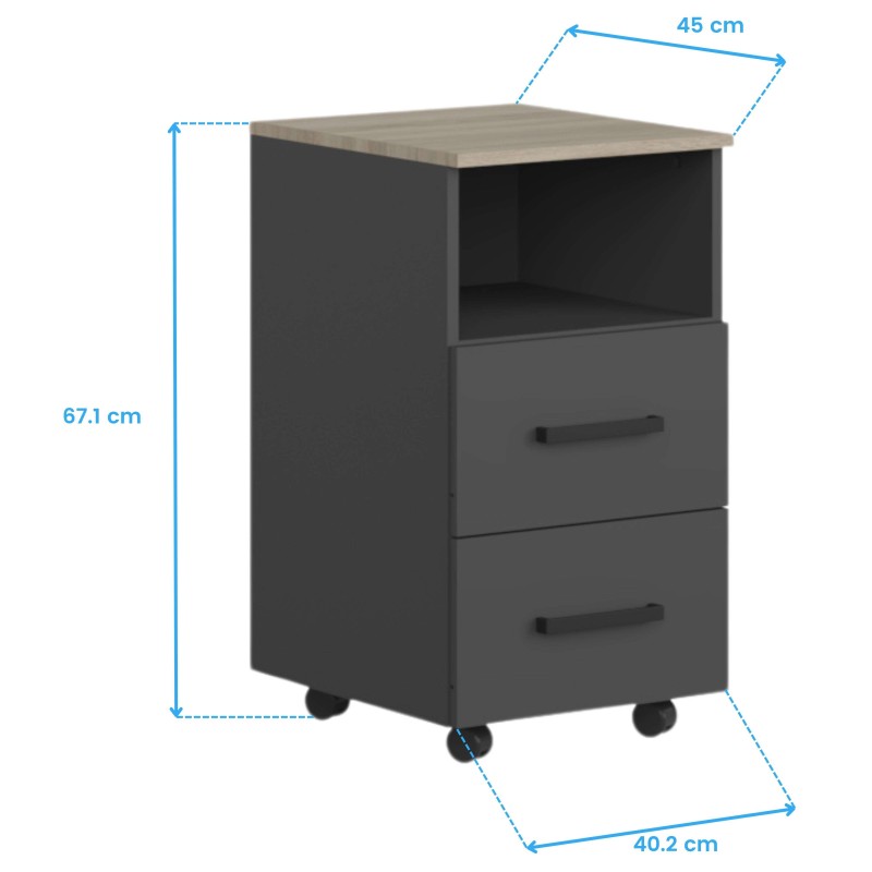 Cajonera negra con tapa gris y dos cajones con ruedas vista frontal con dimensiones