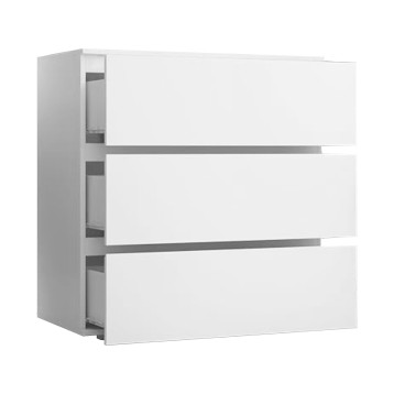 Cómoda de almacenamiento blanco con tres cajones deslizantes y estructura gris vista lateral
