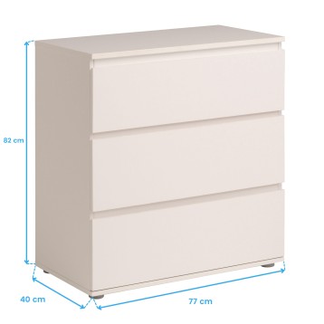 Cómoda blanca con tres cajones y superficie superior gris claro