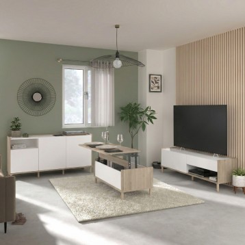 Salón moderno con muebles nórdicos en blanco y madera natural y paredes verde salvia