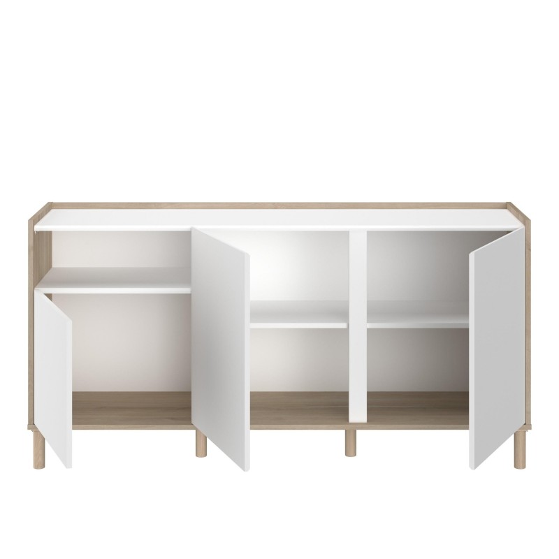 Aparador de madera natural y blanco con puertas abatibles y estantes interiores regulables