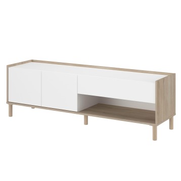 Mueble TV bajo madera natural y blanco con puertas correderas y estante abierto