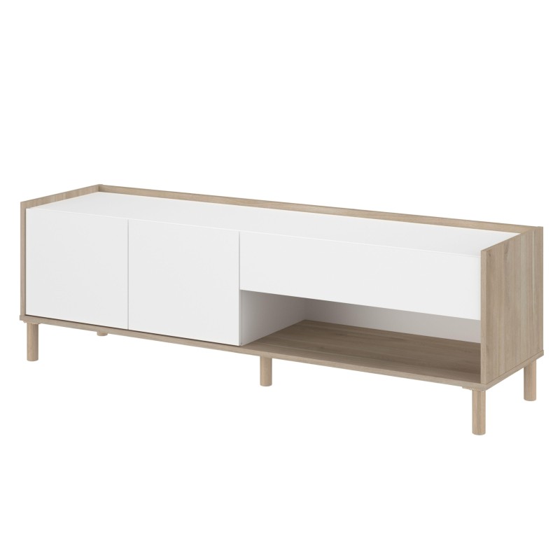 Mueble TV bajo madera natural y blanco con puertas correderas y estante abierto