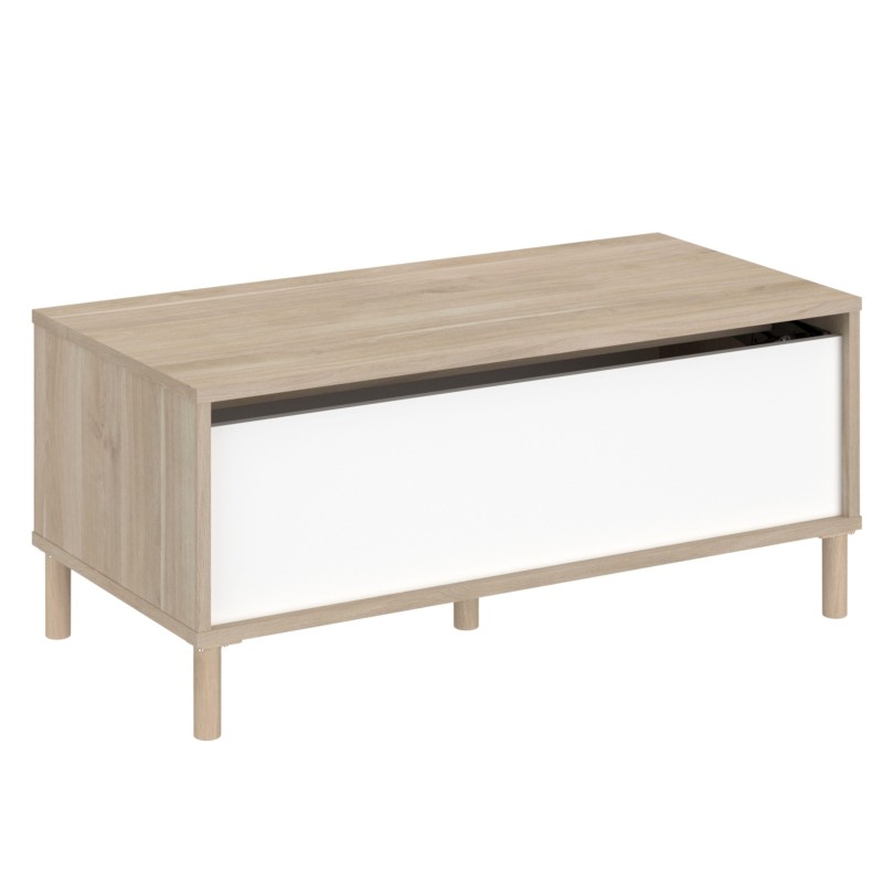 Mesa de centro rectangular en madera natural con frente blanco y patas de madera cilíndricas