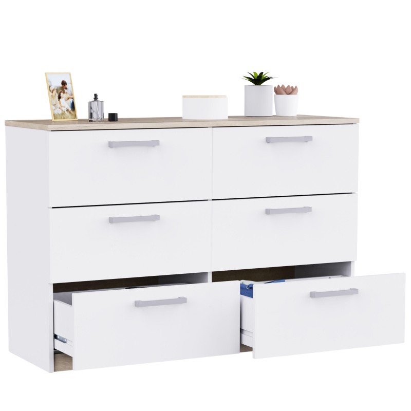 Cómoda blanca con tablero gris claro y seis cajones con tiradores grises y un cajón abierto