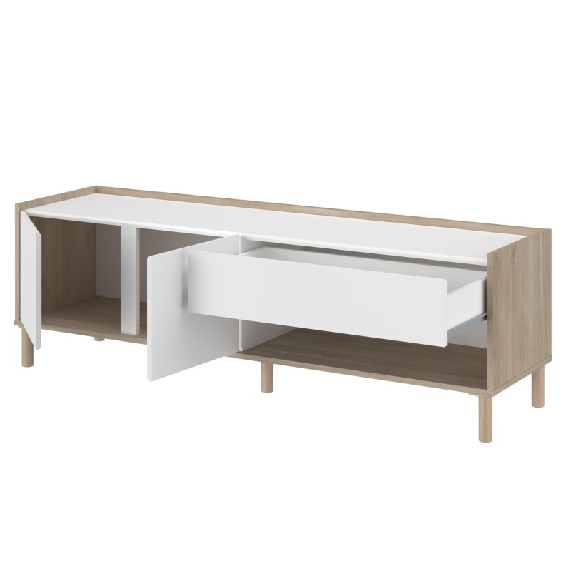 Mueble TV bajo en madera natural y blanco con puerta abatible y cajón deslizante frontal