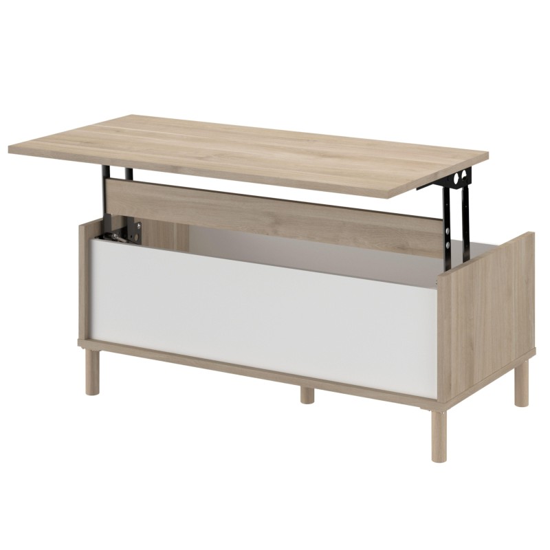 Mesa de centro elevable en madera clara y blanco con tapa abatible y almacenamiento interior