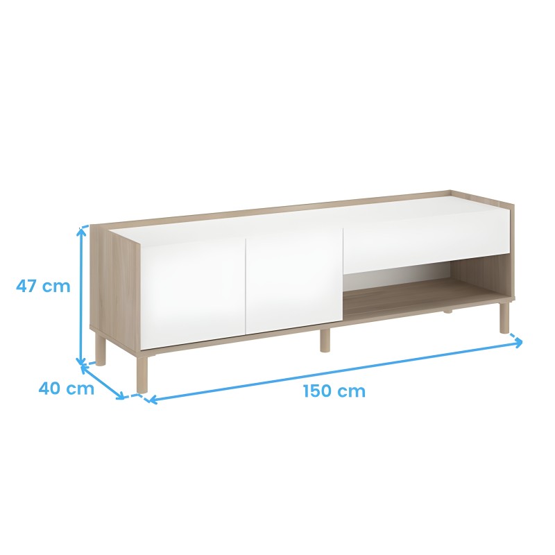 Mueble TV bajo madera natural con frentes blancos y nicho abierto lateral vista frontal y medidas