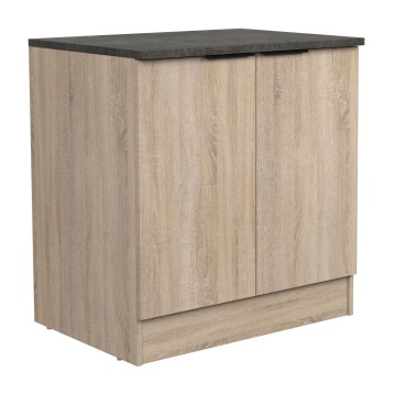 Mueble bajo de cocina en madera clara con encimera gris oscuro y puertas abatibles