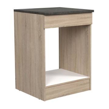 Mueble de cocina de madera clara con tapa gris oscuro y hueco abierto interior