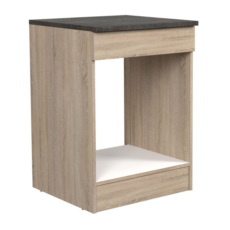 Mueble de cocina de madera clara con tapa gris oscuro y hueco abierto interior