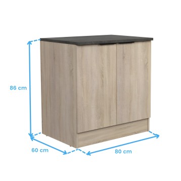 Mueble bajo cocina madera clara con encimera negra y puertas abatibles frontales