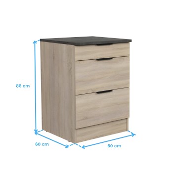 Mueble de cocina de madera clara con tres cajones y tapa negra