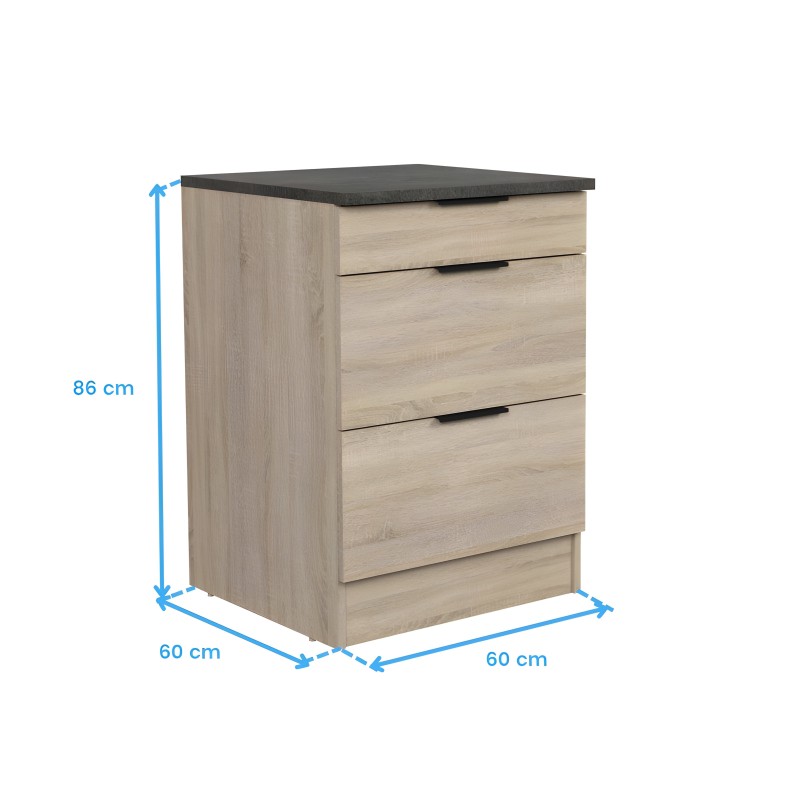 Mueble de cocina de madera clara con tres cajones y tapa negra