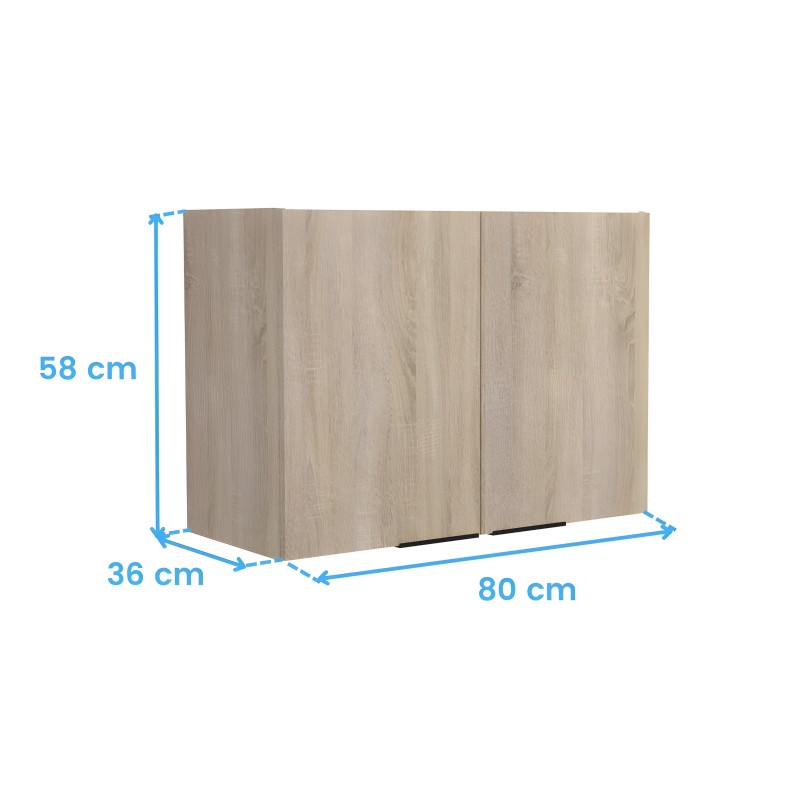 Mueble de cocina en madera clara con puertas correderas y tirador negro vista frontal y lateral