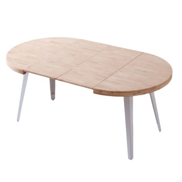 Mesa de comedor ovalada extensible en madera clara con patas blancas y tablero con divisiones