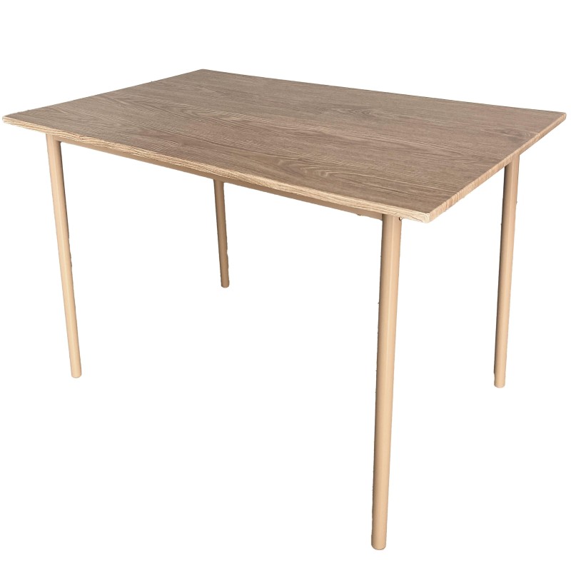 Mesa rectangular con tablero en tonos grises y estructura de madera natural clara con patas cilíndricas