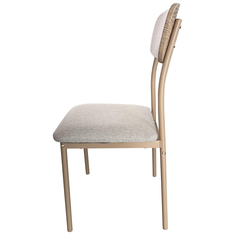 Silla de madera natural con asiento y respaldo tapizado en lino gris claro vista lateral