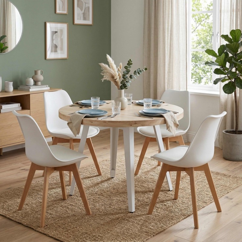 Comedor redondo con tablero de madera natural y base blanca acompañado de cuatro sillas blancas con patas de madera en ambiente